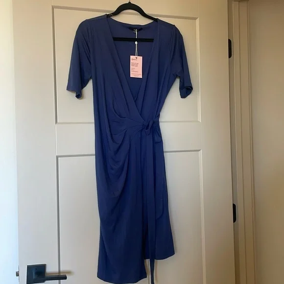 blue maternity wrap dress Denim Blue Floral Print Short Sleeve Hi-Low Maternity Wrap Dress main image 0